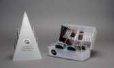Counter Display; Frosted acrylic; injection molded; silk screened; stamped logo